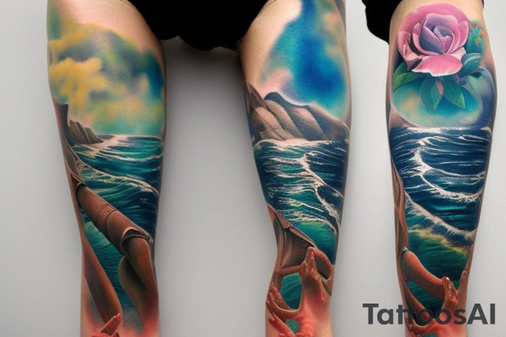 “Create a detailed and realistic full leg tattoo inspired by the vastness and beauty of the ocean. Incorporate elements such as crashing waves, vibrant marine life, and serene seascapes to evoke a sense of wonder and tranquility. Pay attention to intricate details, such as the texture of water, the graceful movements of sea creatures, and the interplay of light and shadow. The tattoo should capture the essence of the ocean while reflecting your personal connection to its mesmerizing depths. Feel free to explore themes like exploration, adventure, and the harmonious coexistence of various aquatic species. Use Tattoo AI to bring your vision to life, ensuring that the artwork flows seamlessly across the leg and complements the natural contours of the body.” tattoo idea