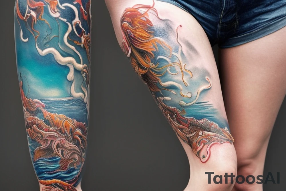 “Create a detailed and realistic full leg tattoo inspired by the vastness and beauty of the ocean. Incorporate elements such as crashing waves, vibrant marine life, and serene seascapes to evoke a sense of wonder and tranquility. Pay attention to intricate details, such as the texture of water, the graceful movements of sea creatures, and the interplay of light and shadow. The tattoo should capture the essence of the ocean while reflecting your personal connection to its mesmerizing depths. Feel free to explore themes like exploration, adventure, and the harmonious coexistence of various aquatic species. Use Tattoo AI to bring your vision to life, ensuring that the artwork flows seamlessly across the leg and complements the natural contours of the body.” tattoo idea