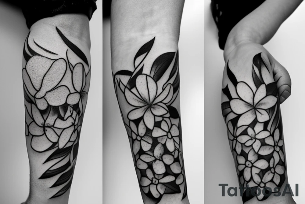 a hand pinching a string of plumeria flowers with two fingers tattoo idea