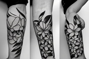 a hand pinching a string of plumeria flowers with two fingers tattoo idea