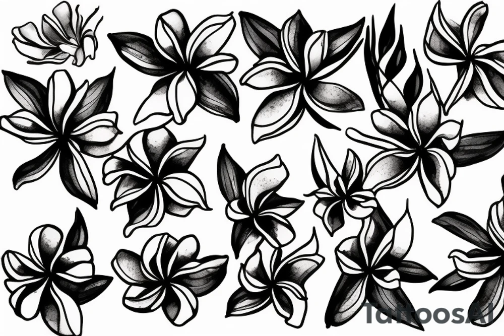 a hand pinching a string of plumeria flowers with two fingers tattoo idea