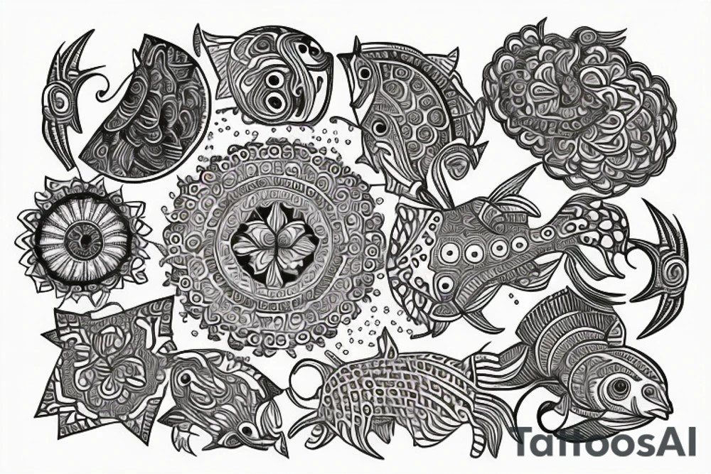 Mandala with key fish and psychedelics tattoo idea