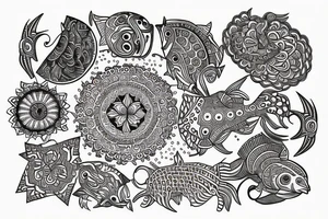 Mandala with key fish and psychedelics tattoo idea