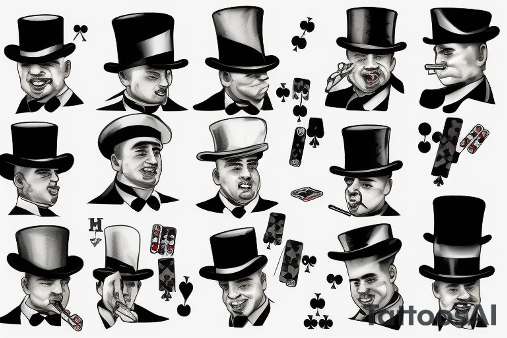al capone wearing a top hat smoking a cigarette while playing poker tattoo idea
