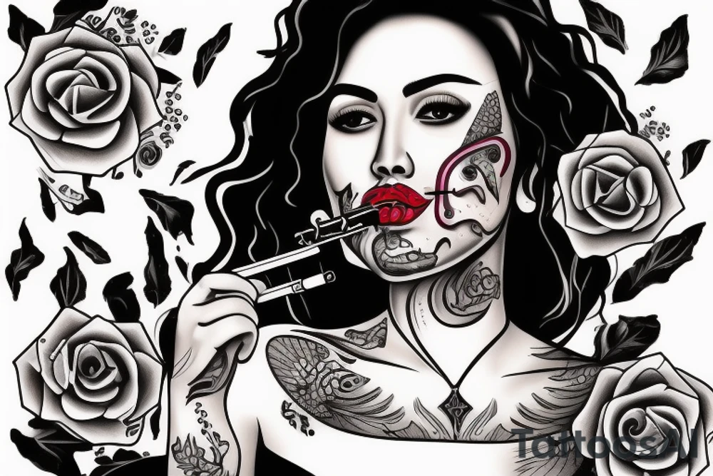 Chicano woman smoking a cigarette while holding a gun tattoo idea