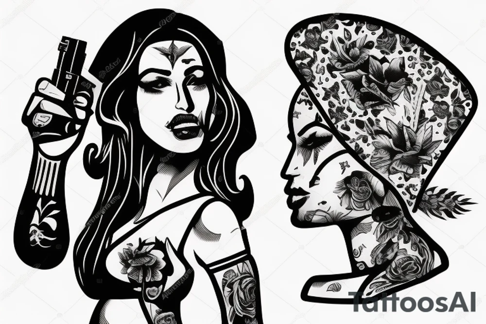 Chicano woman smoking a cigarette while holding a gun tattoo idea