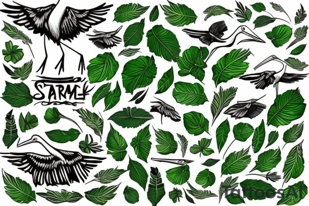 stork in green leaves tattoo idea