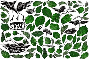 stork in green leaves tattoo idea