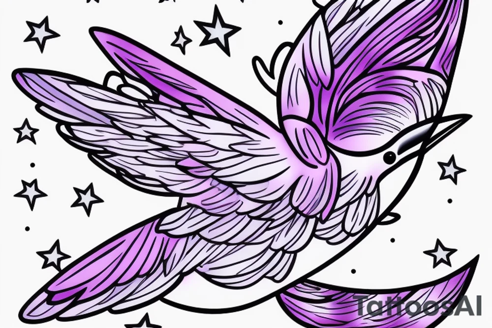 a small humming bird hovering over simple white purple flowers (2) with a single star in the background tattoo idea