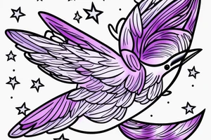 a small humming bird hovering over simple white purple flowers (2) with a single star in the background tattoo idea