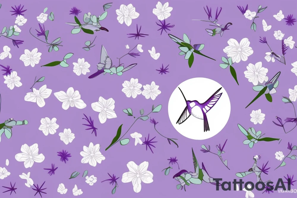 a small humming bird hovering over simple white purple flowers (2) with a single star in the background tattoo idea
