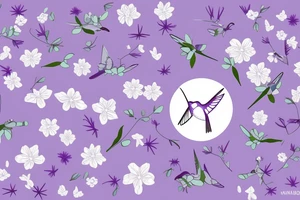 a small humming bird hovering over simple white purple flowers (2) with a single star in the background tattoo idea