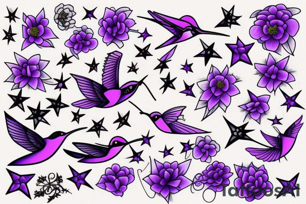 Humming bird, purple flower and a star tattoo idea