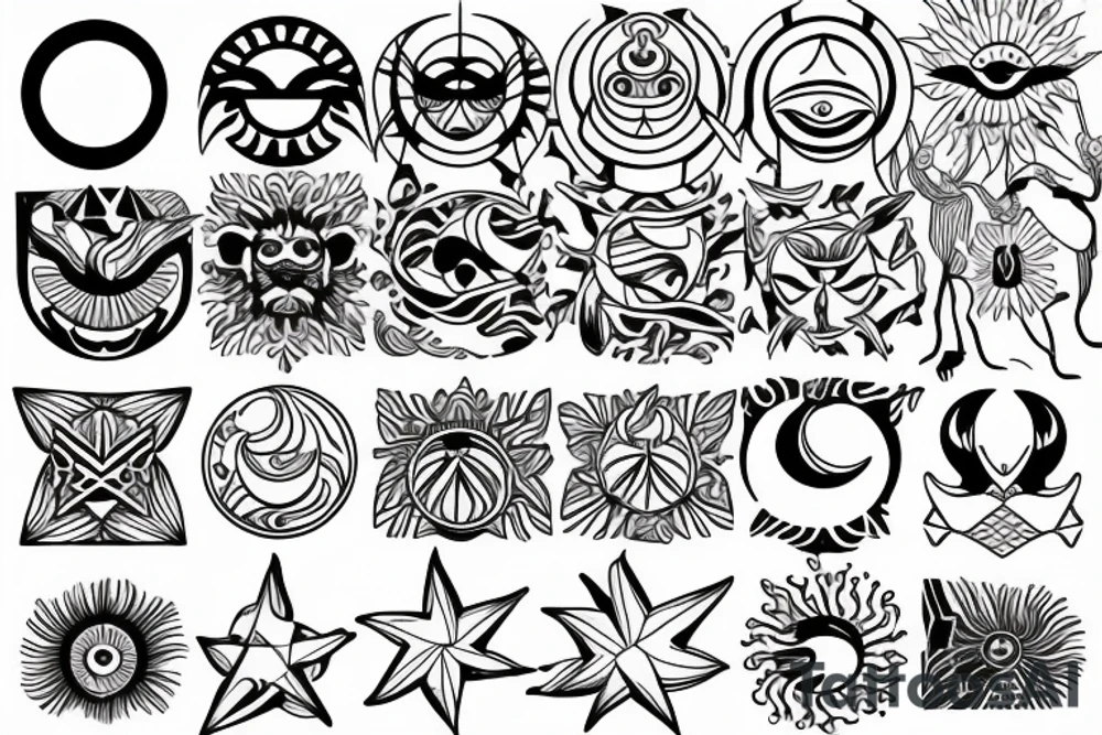 SUN, MOON, STAR, ARIES, INFINITY, BALANCE, PARADISE tattoo idea
