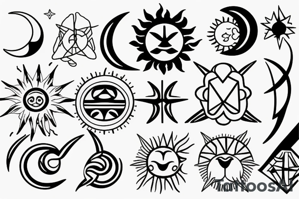 SUN, MOON, STAR, ARIES, INFINITY, BALANCE, PARADISE tattoo idea