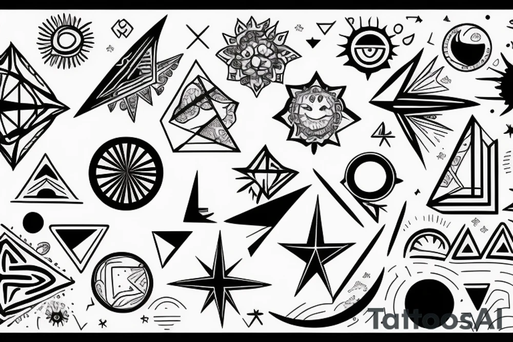 GEOMETRIC FINE LINE, SUN, MOON, STAR, ARIES, tattoo idea