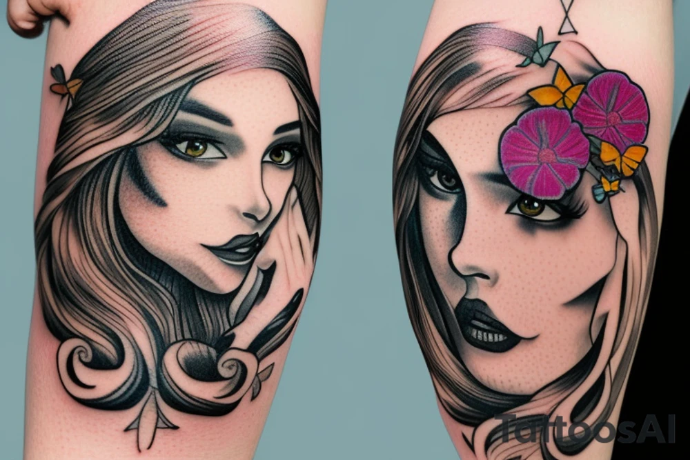 butterfly on half face of the woman with long hair and flowers tattoo idea