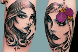 butterfly on half face of the woman with long hair and flowers tattoo idea