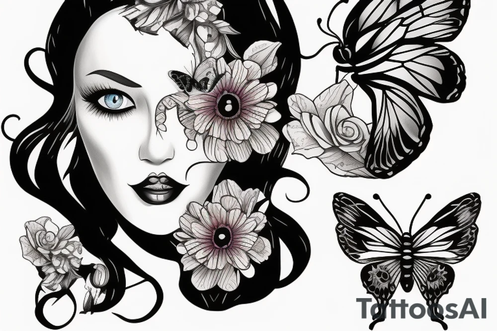 butterfly on half face of the woman with long hair and flowers tattoo idea