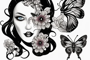 butterfly on half face of the woman with long hair and flowers tattoo idea