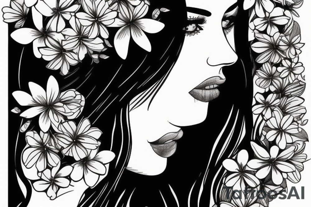 butterfly on half face of the woman with long hair and flowers tattoo idea