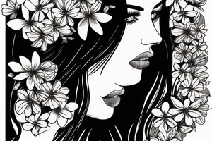 butterfly on half face of the woman with long hair and flowers tattoo idea