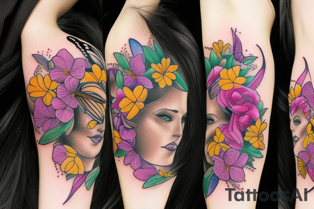 butterfly on half face of the woman with long hair and flowers tattoo idea