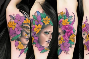 butterfly on half face of the woman with long hair and flowers tattoo idea