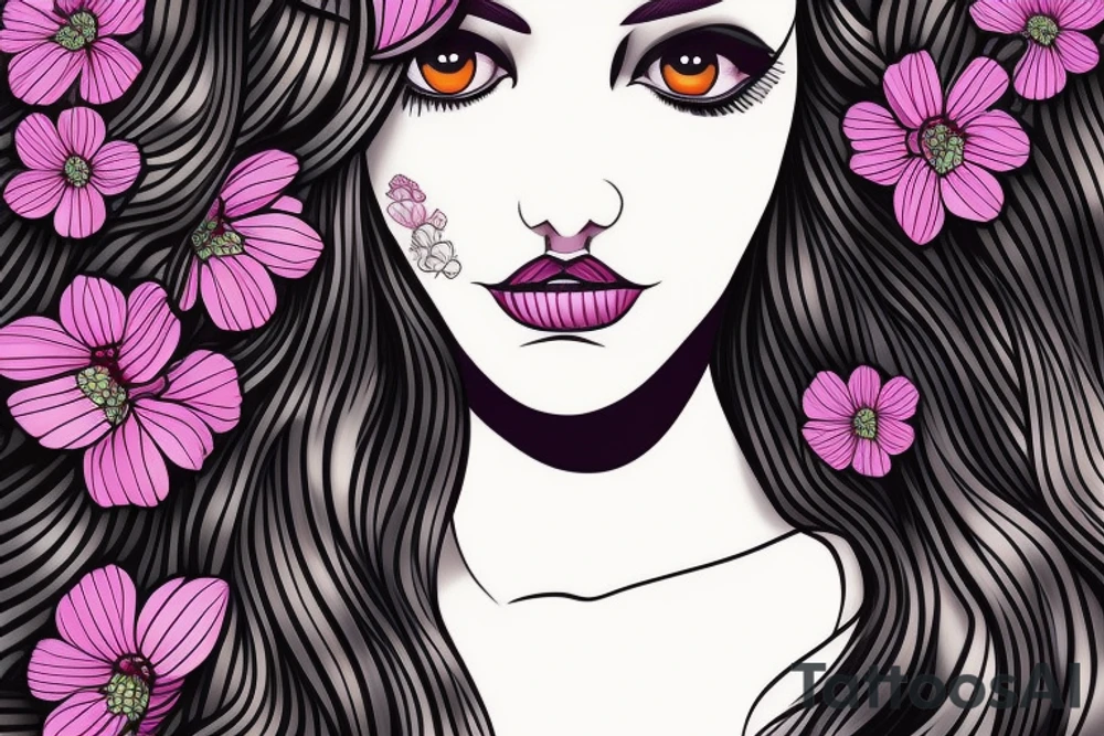 butterfly on half face of the woman with long hair and flowers tattoo idea