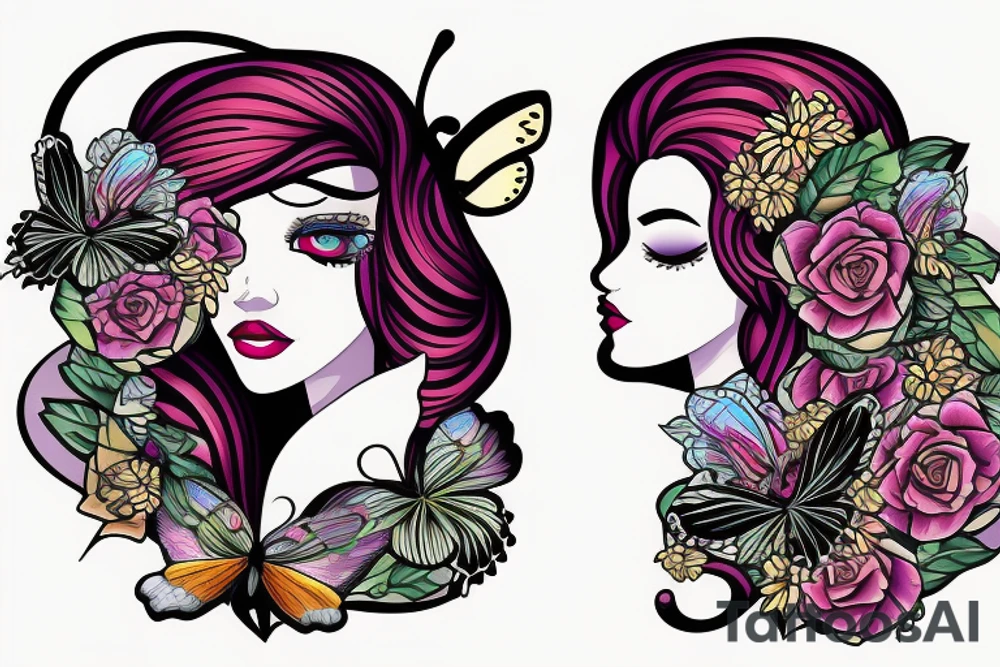 butterfly on half face of the woman with long hair and flowers tattoo idea