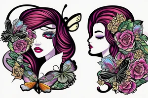 butterfly on half face of the woman with long hair and flowers tattoo idea