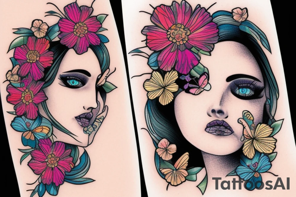 butterfly half-face woman with long hair and flowers tattoo idea