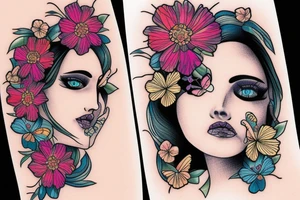 butterfly half-face woman with long hair and flowers tattoo idea