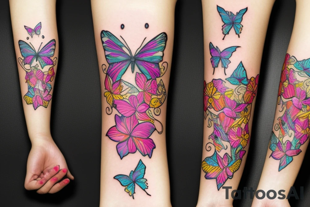 butterfly half-face woman with long hair and flowers tattoo idea