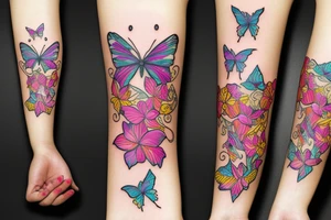 butterfly half-face woman with long hair and flowers tattoo idea