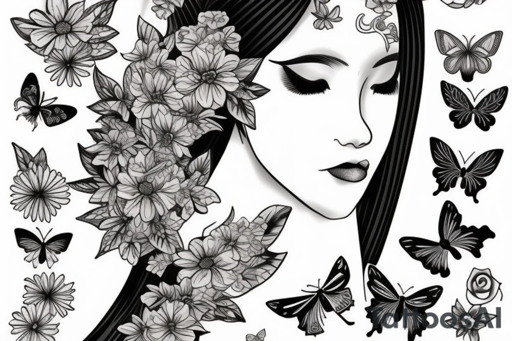 butterfly half-face woman with long hair and flowers tattoo idea