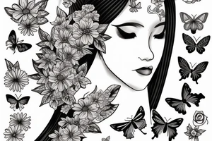 butterfly half-face woman with long hair and flowers tattoo idea