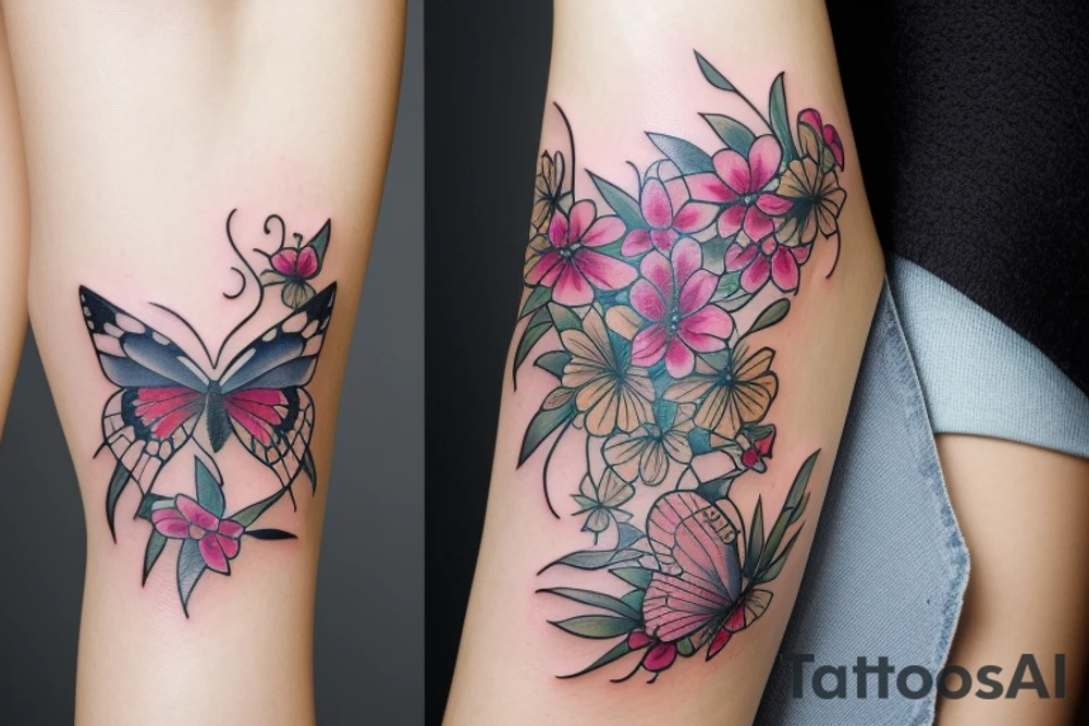 butterfly half-face woman with long hair and flowers tattoo idea