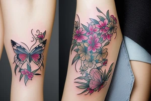 butterfly half-face woman with long hair and flowers tattoo idea