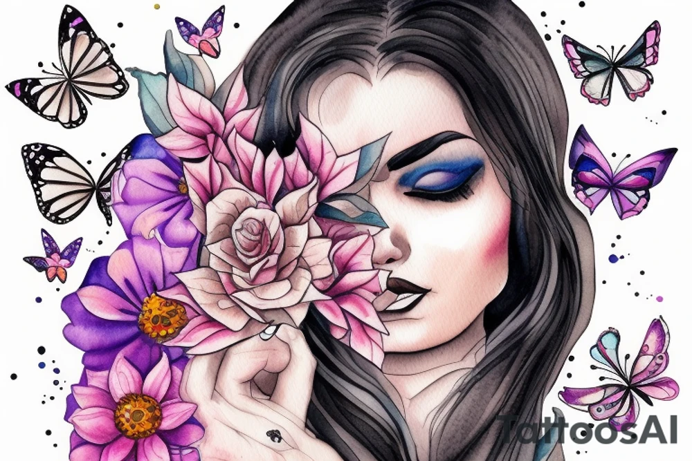 butterfly half-face woman with long hair and flowers tattoo idea