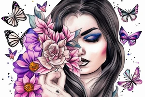 butterfly half-face woman with long hair and flowers tattoo idea