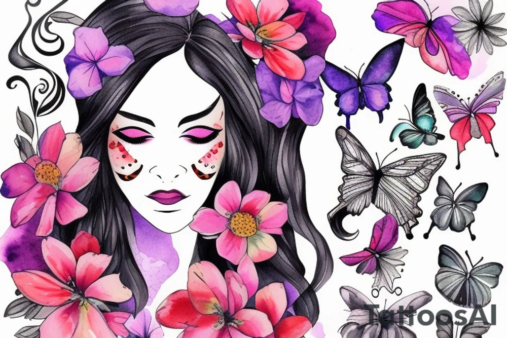 butterfly half-face woman with long hair and flowers tattoo idea