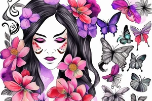 butterfly half-face woman with long hair and flowers tattoo idea