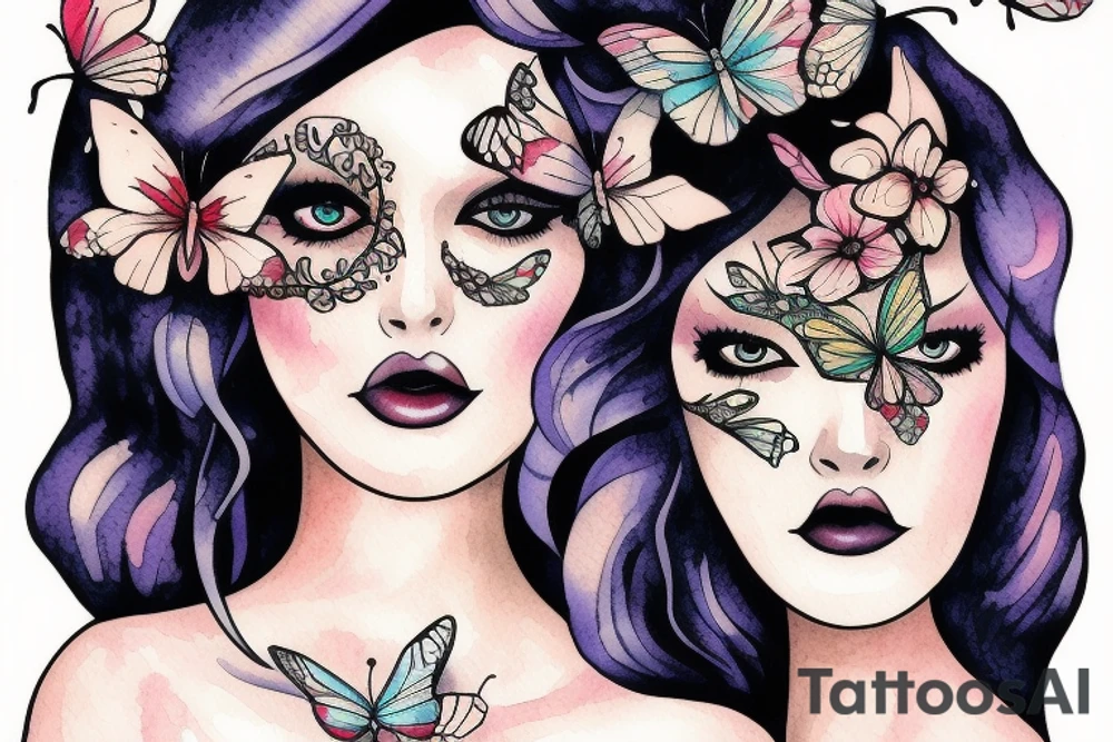 half face butterfly pretty woman with big eyes tattoo idea