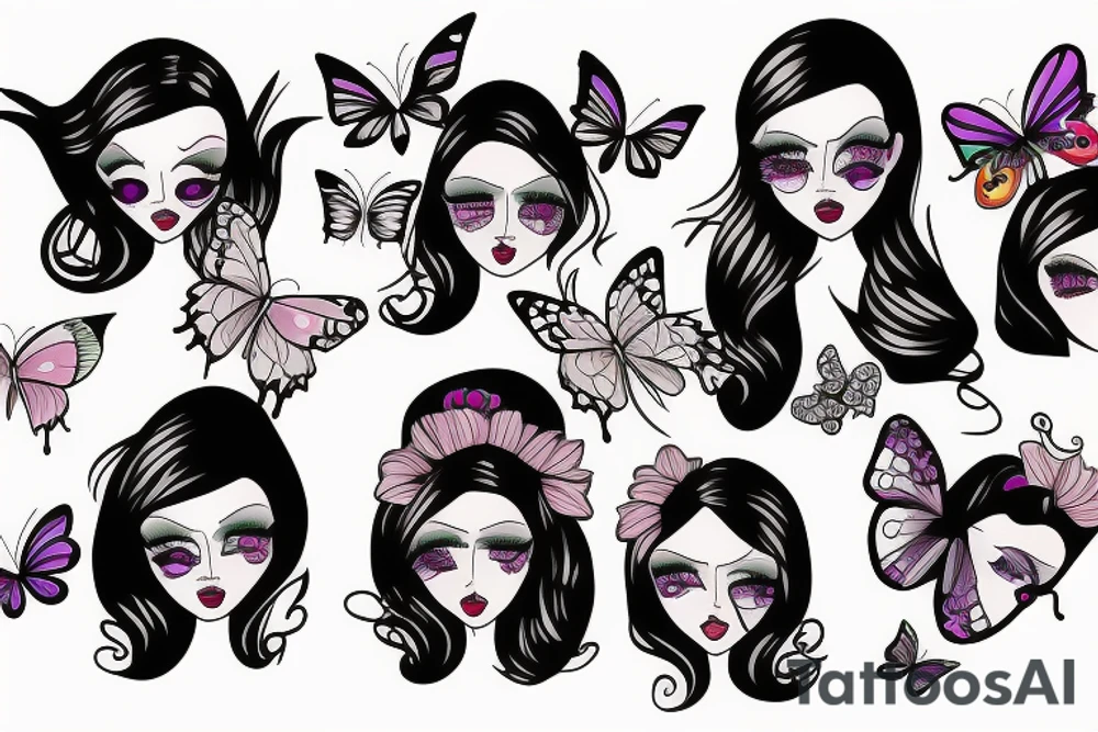 mix butterfly pretty woman with big eyes tattoo idea