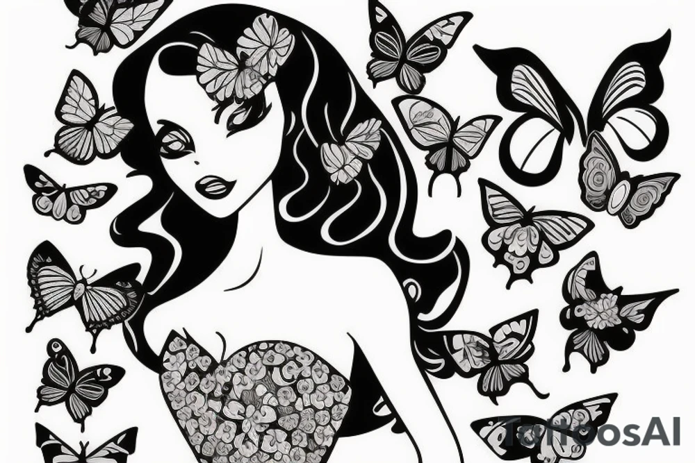 mix butterfly pretty woman with big eyes tattoo idea