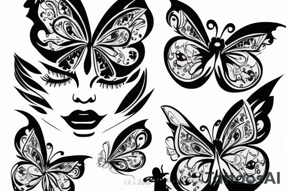 mix butterfly pretty woman with big eyes tattoo idea