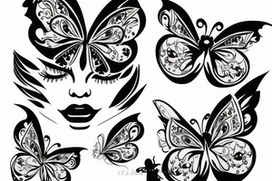 mix butterfly pretty woman with big eyes tattoo idea