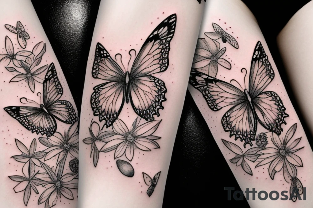 mix butterfly pretty woman and flowers tattoo idea