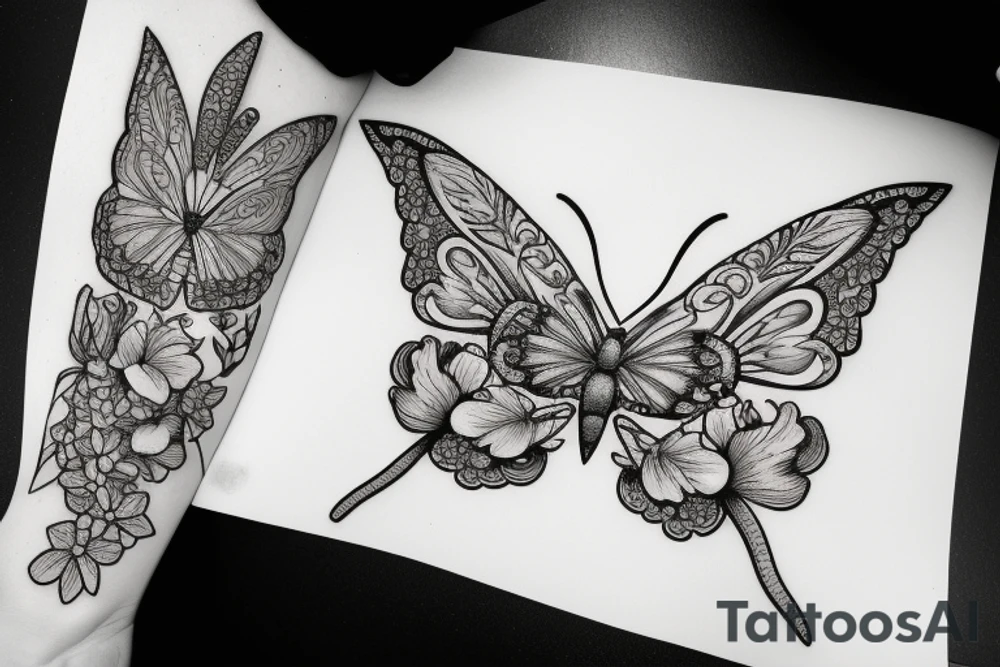 mix butterfly pretty woman and flowers tattoo idea
